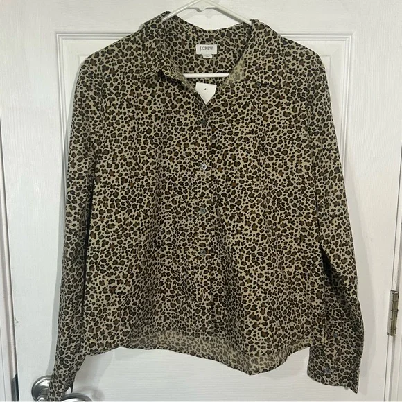 J Crew Leopard modern collared button-up shirt Size Large Brown Animal Print NWT - Picture 2 of 14